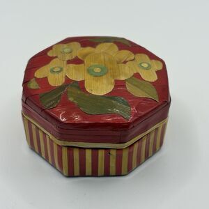 Jewelry Trinket Ring Box Octagon Chinese Wood Bamboo Straw Marquetry Floral